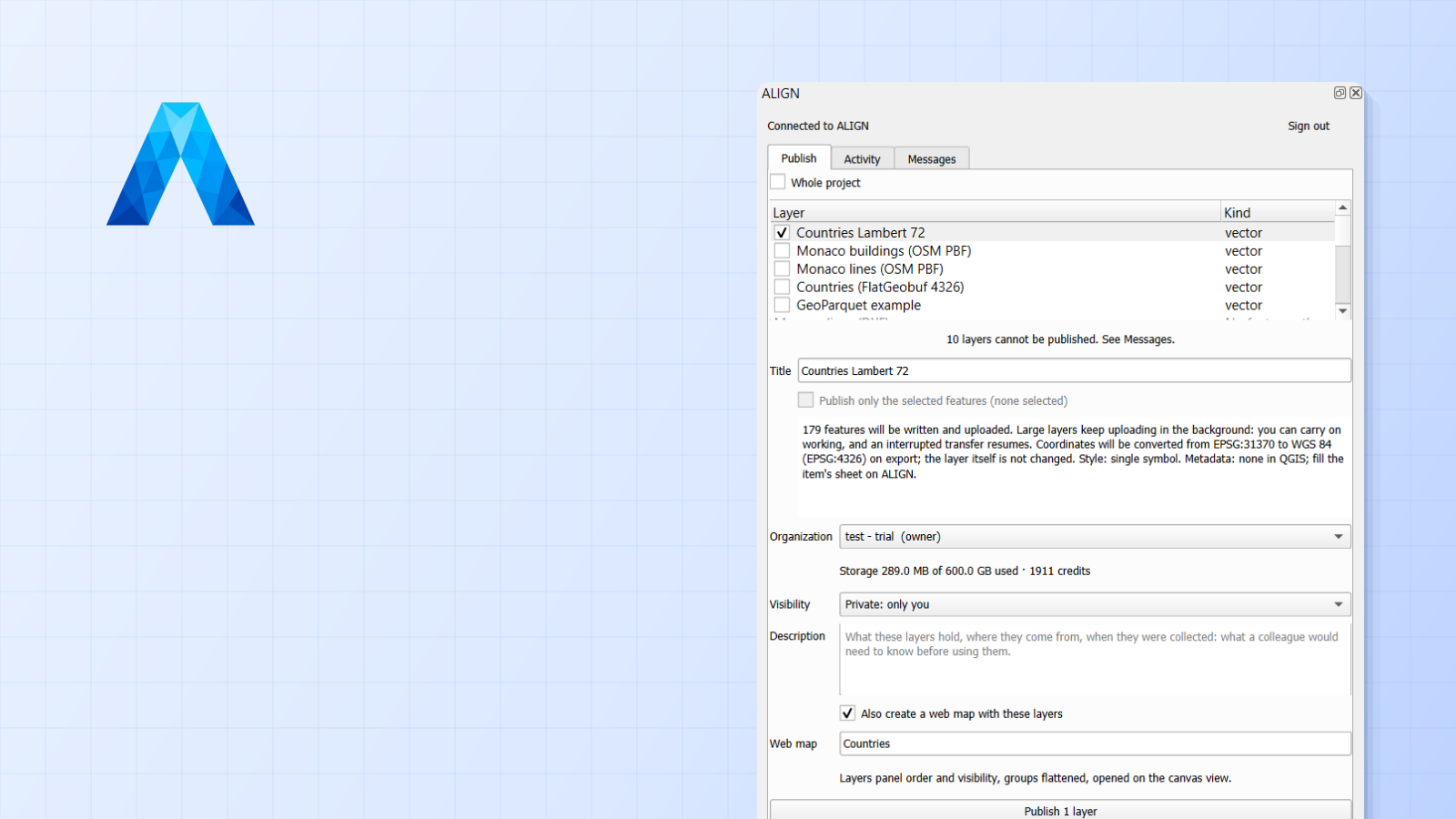 The ALIGN panel in QGIS, ready to publish a layer