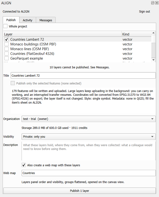 The ALIGN panel in QGIS, Publish view