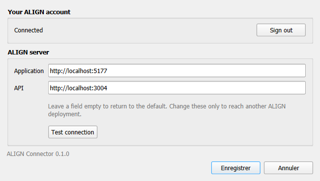 The settings screen: account and server