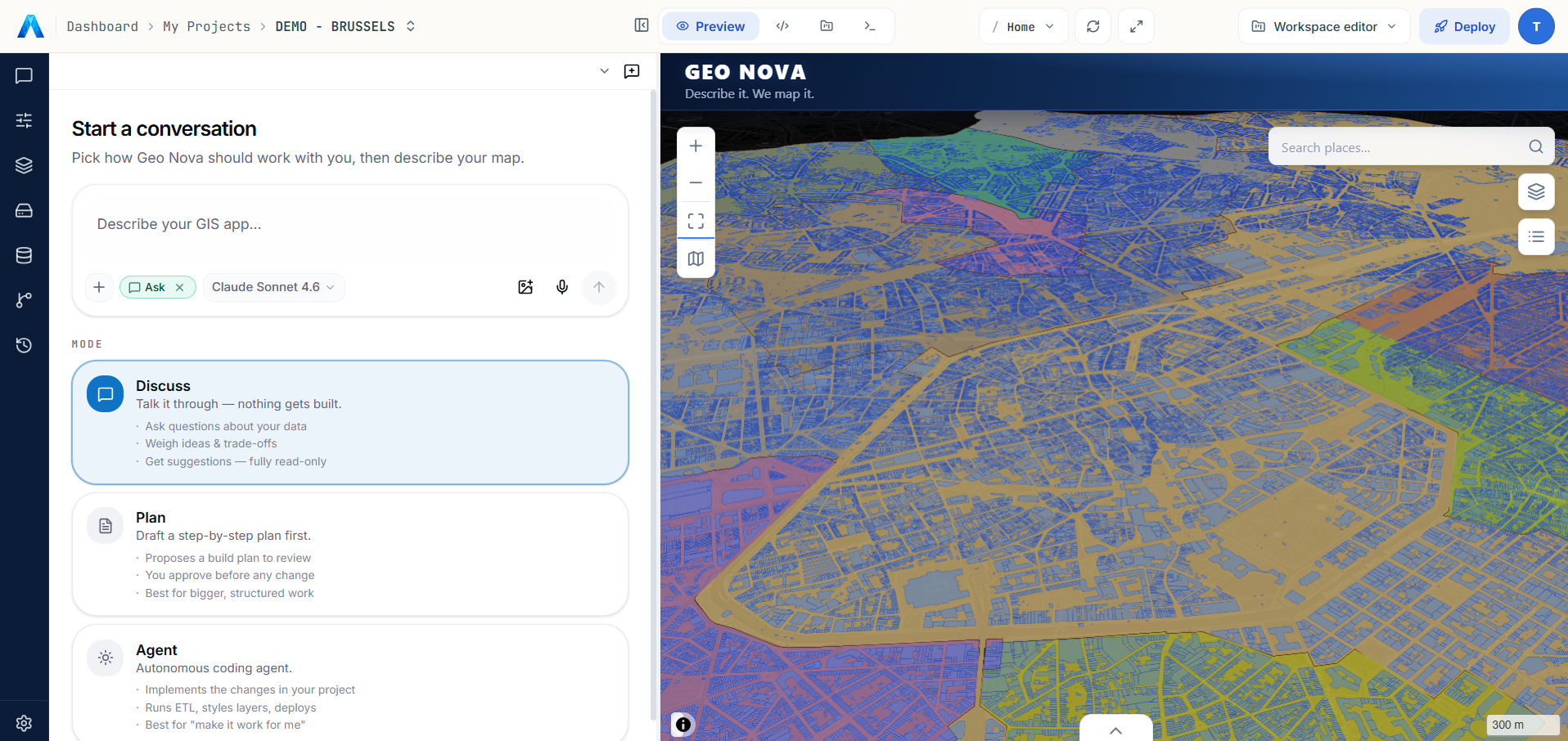 The ALIGN App Builder web IDE: AI modes, live map preview of Brussels and attribute table