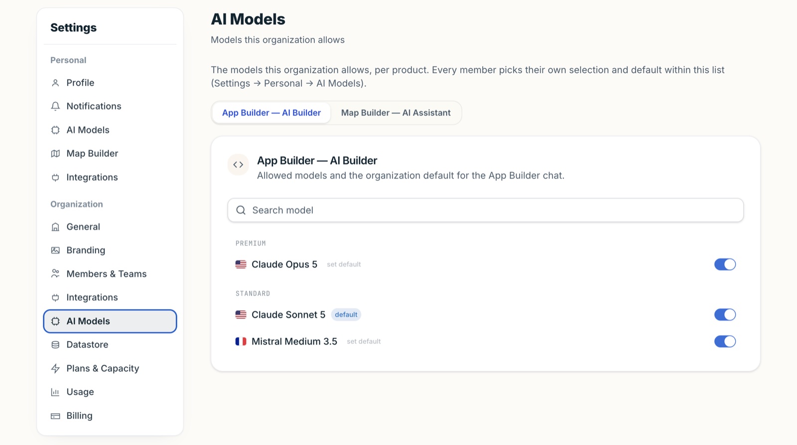 ALIGN organization settings, AI Models: Claude Opus 5, Claude Sonnet 5 and Mistral Medium 3.5 allowed for the App Builder's AI Builder, Claude Sonnet 5 as default